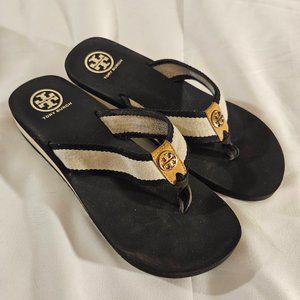 Tory Burch Frankie Wedge Flip Flop Blue/Tan Sandal Size 10